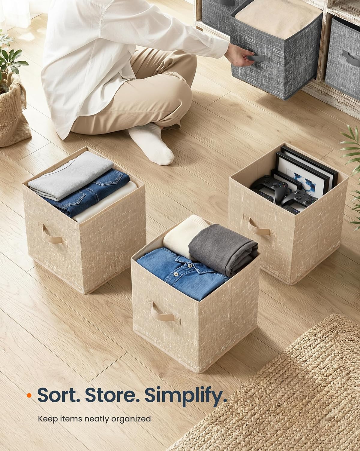 SONGMICS HOME Foldable Storage Cubes Set of 8, Fabric Shelf Organizer Bins with Handles, Closet Storage Boxes for Clothes, 10.4 x 10.4 x 11.2 Inches, Beige