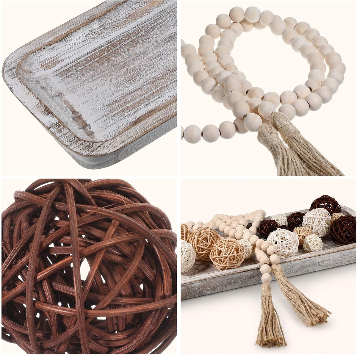 20 Pcs Wooden Dough Bowl Decor, Wood Dough Bowl Wicker Rattan Balls Beads String with Tassel, Wood Rustic Dough-Bowl Decorative for Dining Room Kitchen(White)