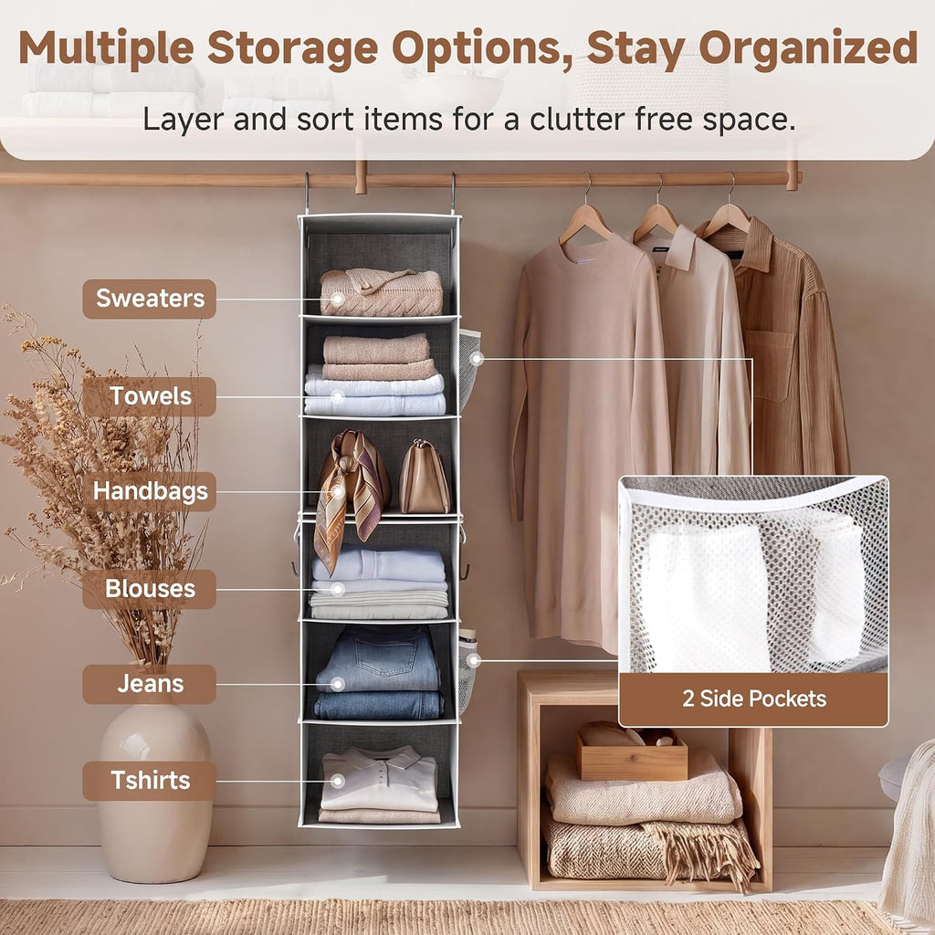 StorageWorks Hanging Closet Organizer, 6-Shelf with 2-in-1 Design, Gray
