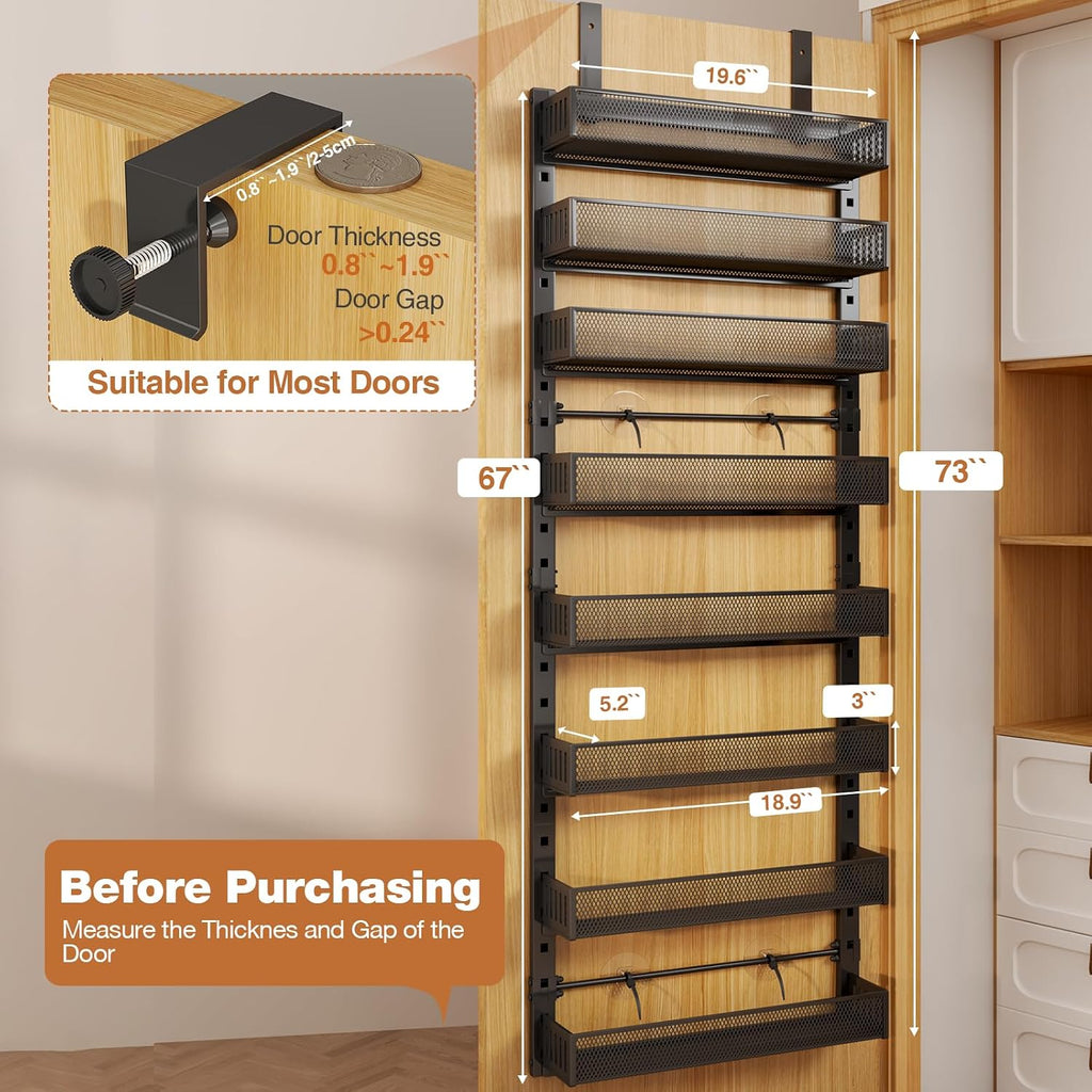 Pantry Door Organizers and Storage,8-Tier Large Wide Metal Heavy-Duty Frame Over the Door Spice Rack, 2 in 1 Wall-Mounted or Hanging shelf for Kitchen, Bathroom, Laundry Room, Bedroom, Closet &Nursery