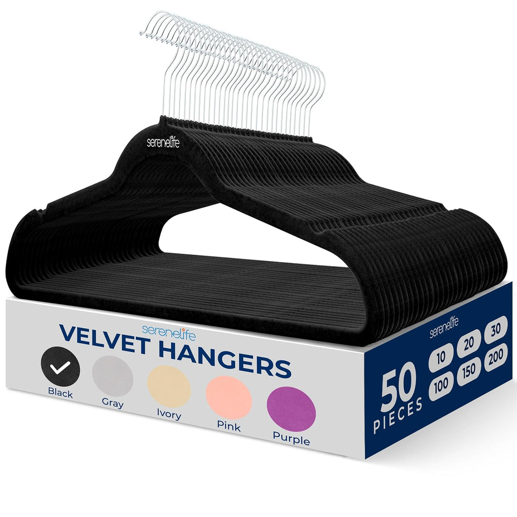SereneLife 50-Pack Velvet Non-Slip Hangers – Slim Heavy Duty Clothes Hangers with 360° Swivel Hooks, Space-Saving Design, Lightweight & Durable Coat Hanger Set for Closet Organization (Black)