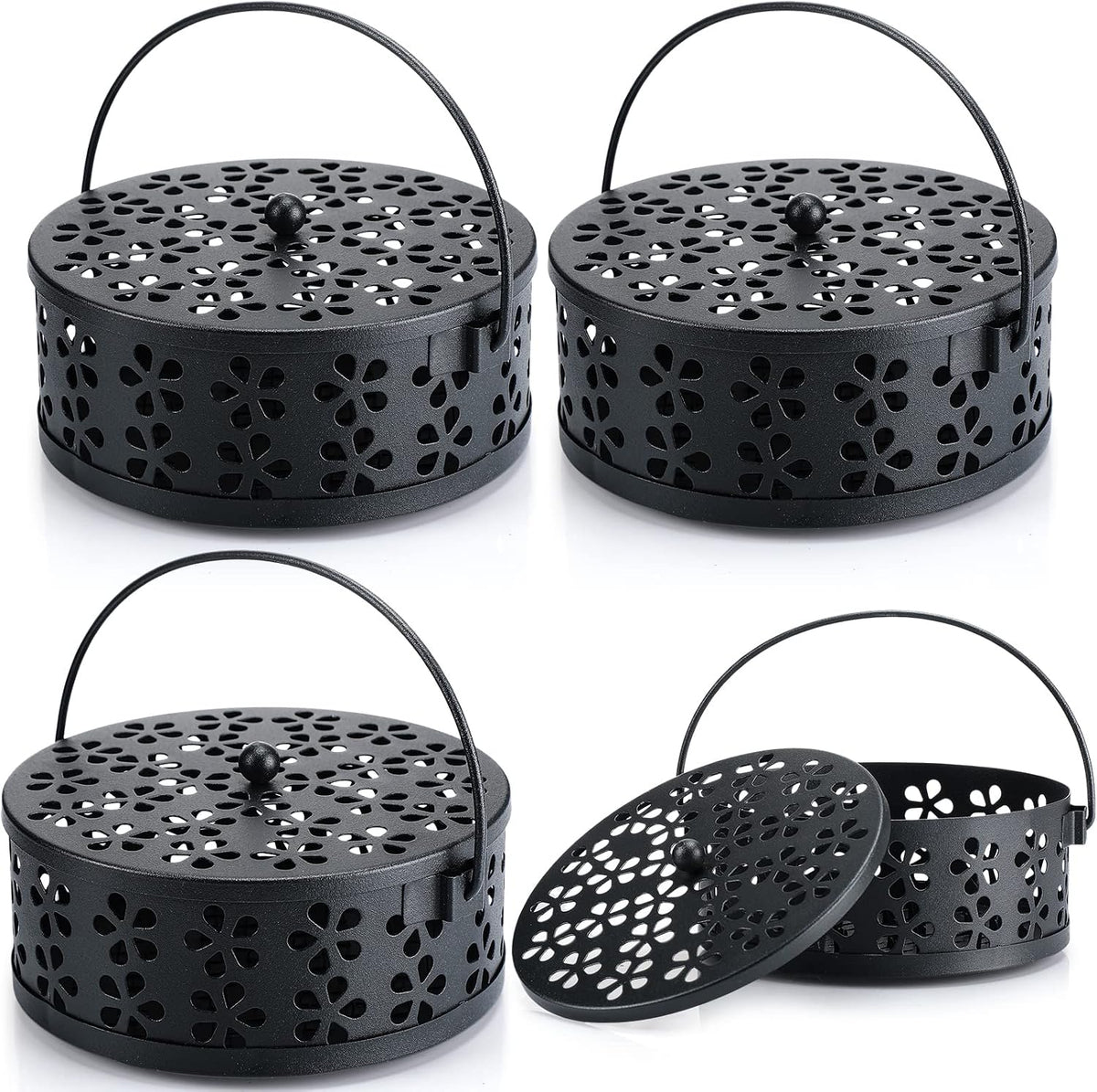 Lallisa 4 Pieces Mosquito Coil Holder Incense Coil Holder Retro Portable Metal Hanging Incense Burner with Handle Round for Home Camping Indoor Outdoor Patio(Black)