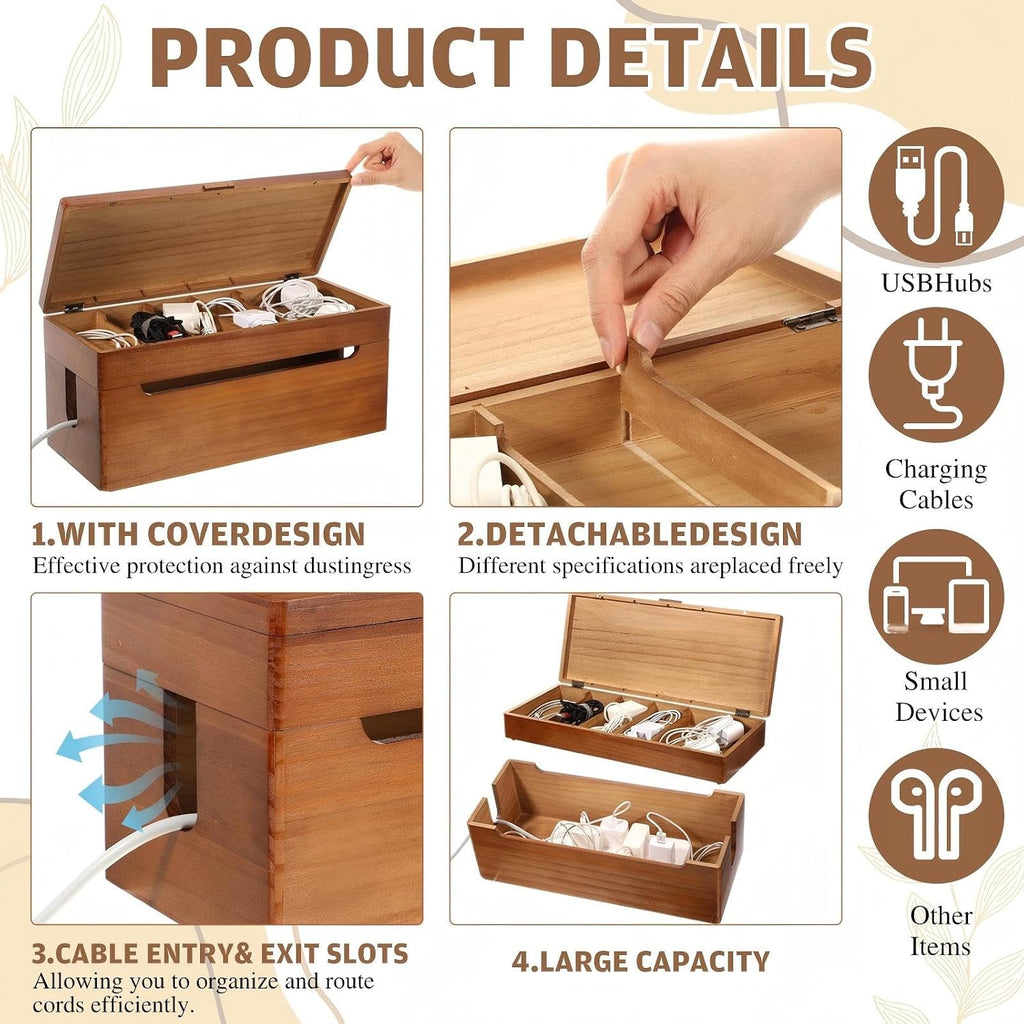 Novabright Wood Double Layer Cable Management Box 15.75 x 6.57 x 6.7 Inches