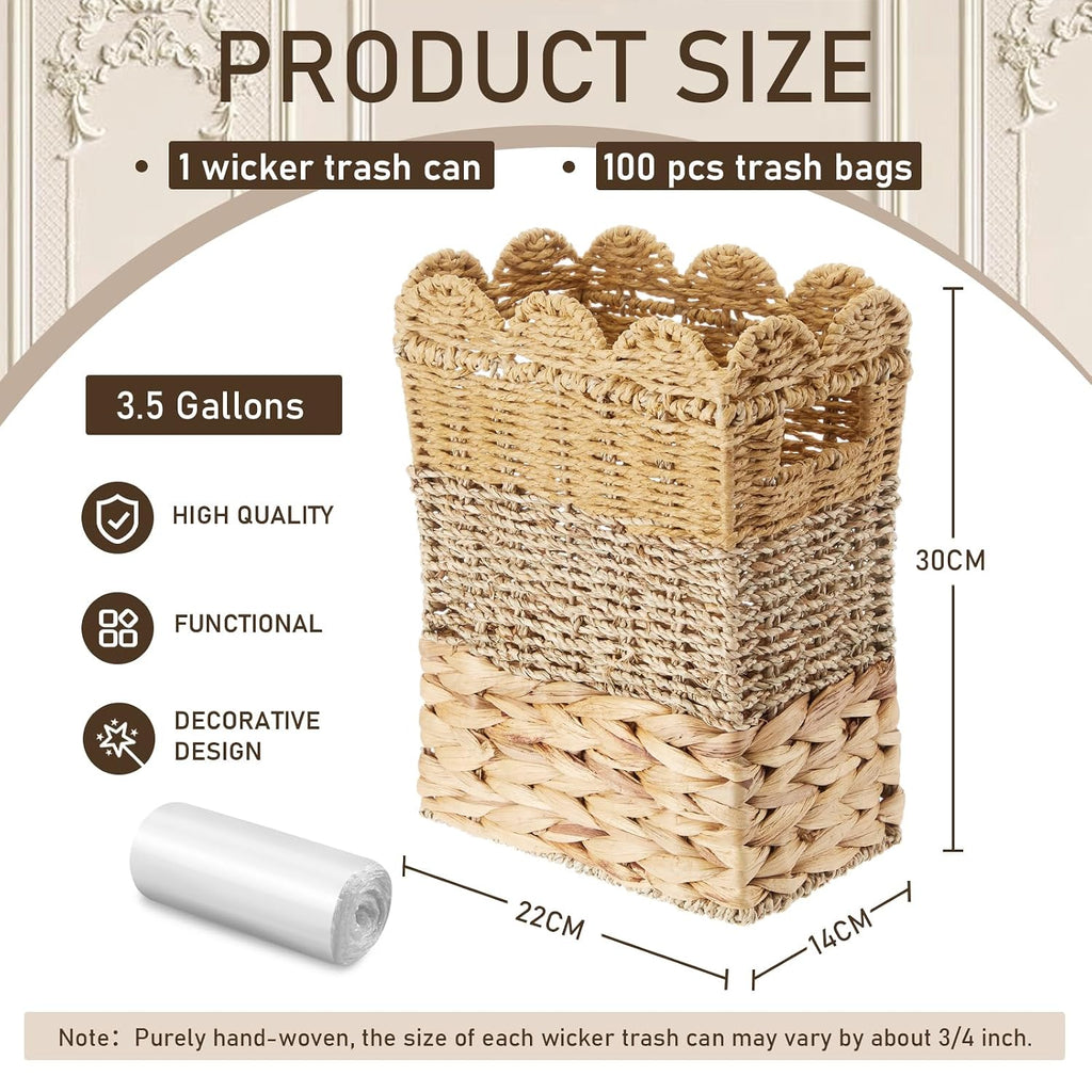 Ctosree 3.5 Gallons Square Scallop Shaped Woven Trash Can Wicker Waste Basket with Handles, Wicker Trash Can with 50 Small Garbage Bags for Home Bathroom, Office Kitchen, 11.8 x 8.7 x 5.5 Inch