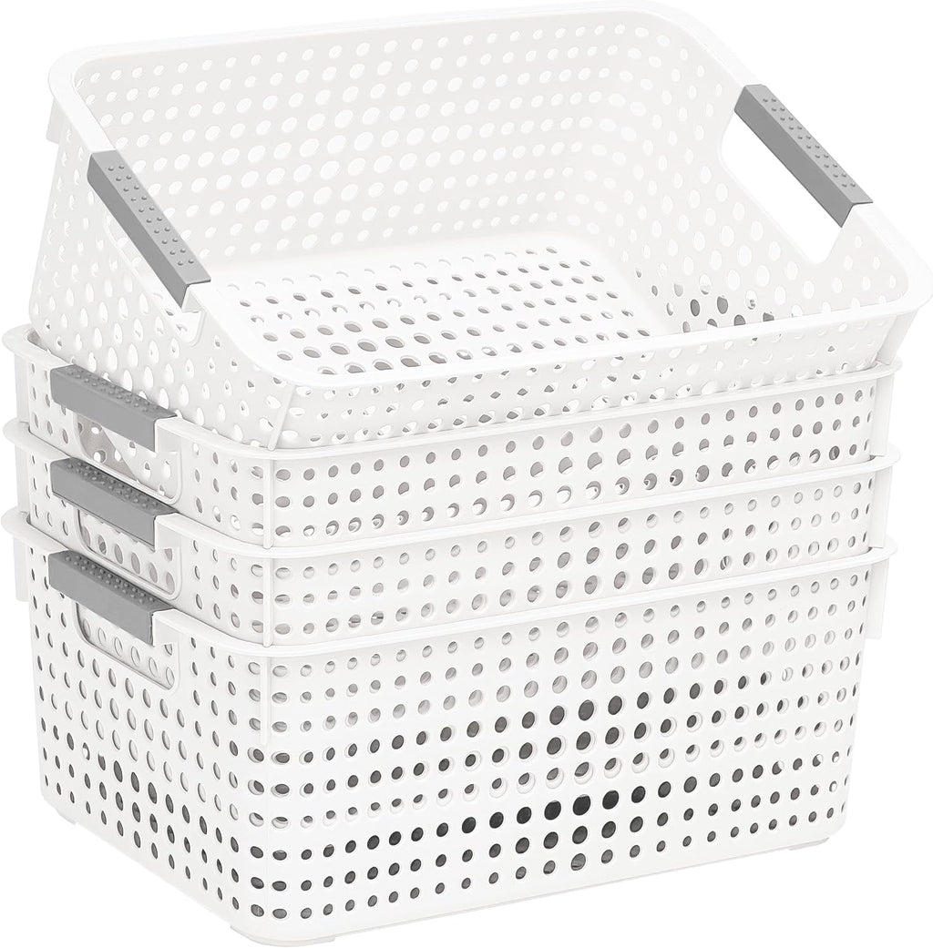 Soddeph 4-Pack Hollow Plastic Storage Baskets with Handles(White, Medium)