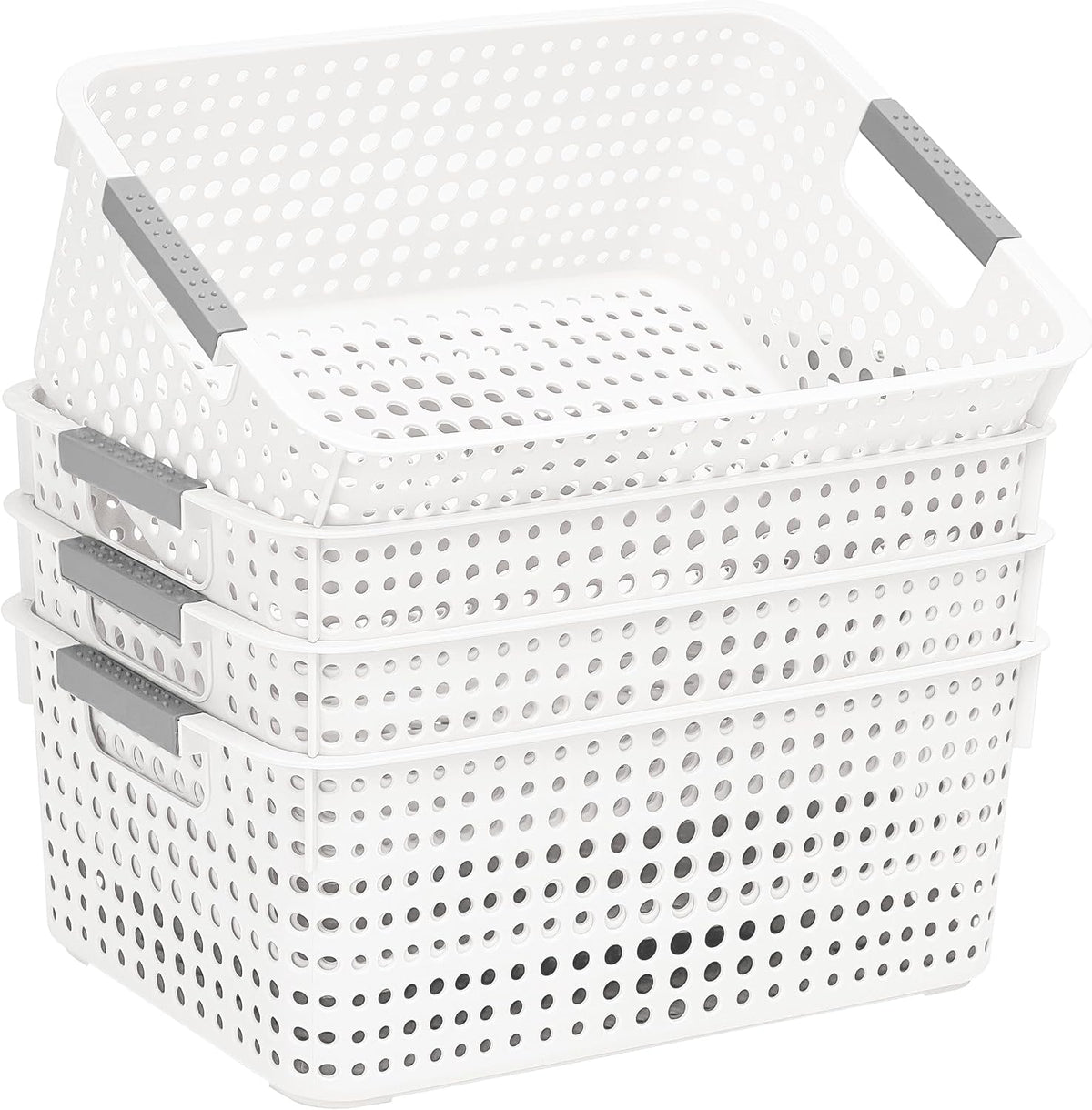 Soddeph 4-Pack Hollow Plastic Storage Baskets with Handles(White, Medium)
