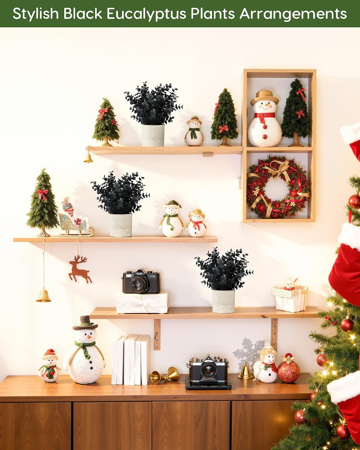 Velener 2 PCS Small Fake Eucalyptus Plant Halloween Artificial Potted Plants Indoor for Christmas Decor Indoor Realistic Faux Plant for Office, Bathroom, Living Room, Desk, Shelf, Home Decor (Black)