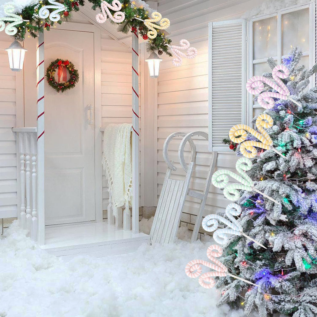5pcs Set Macaron Color Christmas Decorations Picks, Pastel Woolen Candy Cane Christmas Tree Curly Picks, Christmas Tree Topper Decorations Home Vase Holiday Party Ornaments