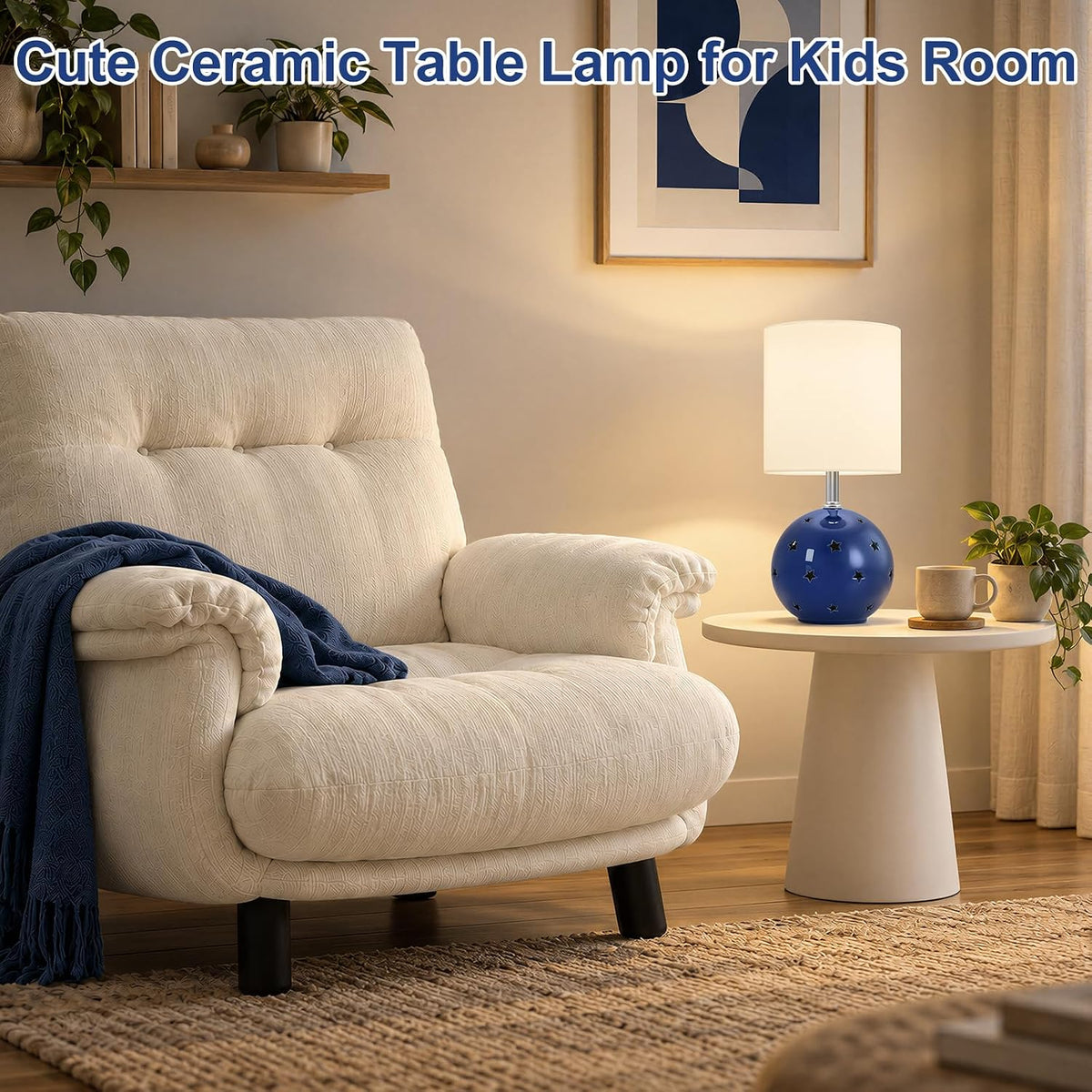 Small Table Lamp, 14" Navy Ceramic Bedside Lamp for Girls Kids Bedroom,Dorm