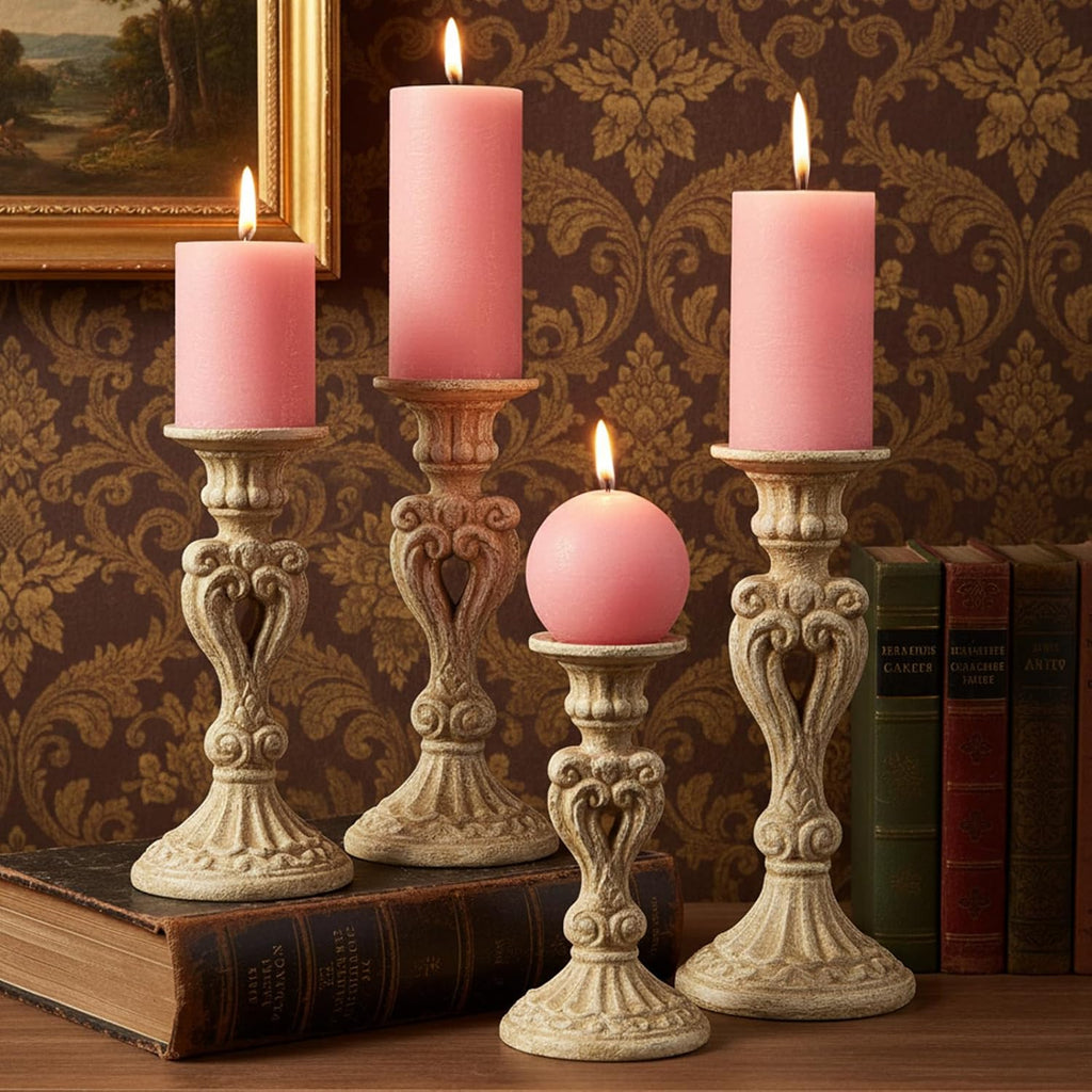 Pink Textured Pillar Candles Set - 4 Pcs Assorted Sizes Rustic Unscented Pillar Candle, Decorative Farmhouse Candles for Home Centerpiece Decor, Holiday Dinner Table, Dripless & Smokeless