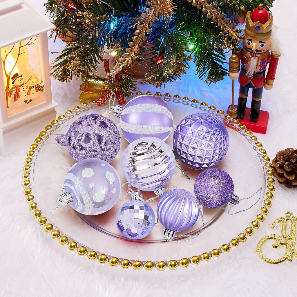 100PCS Christmas Ball Ornaments, Assorted Shatterproof Christmas Tree Decorations, Seasonal Decorative Hanging Baubles Decor Set for Xmas/Holiday/Party, Glitter&Painting Ornament Set (Lavender Purple)