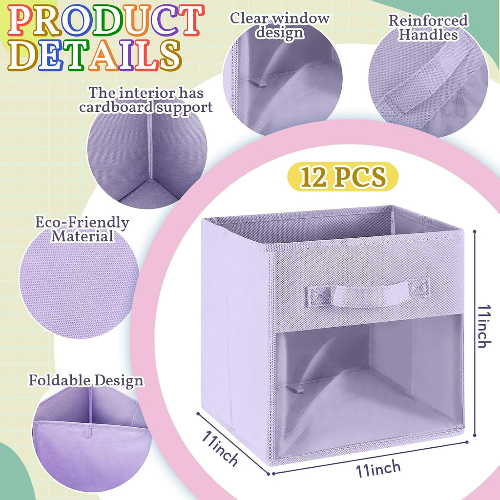 Marsui 12 Pcs Clear Cube Storage Bins Pink Collapsible Kids Storage Bins Fabric Classroom Organizer with Window for Kid Playroom Room Daycare Nursery(Pastel)