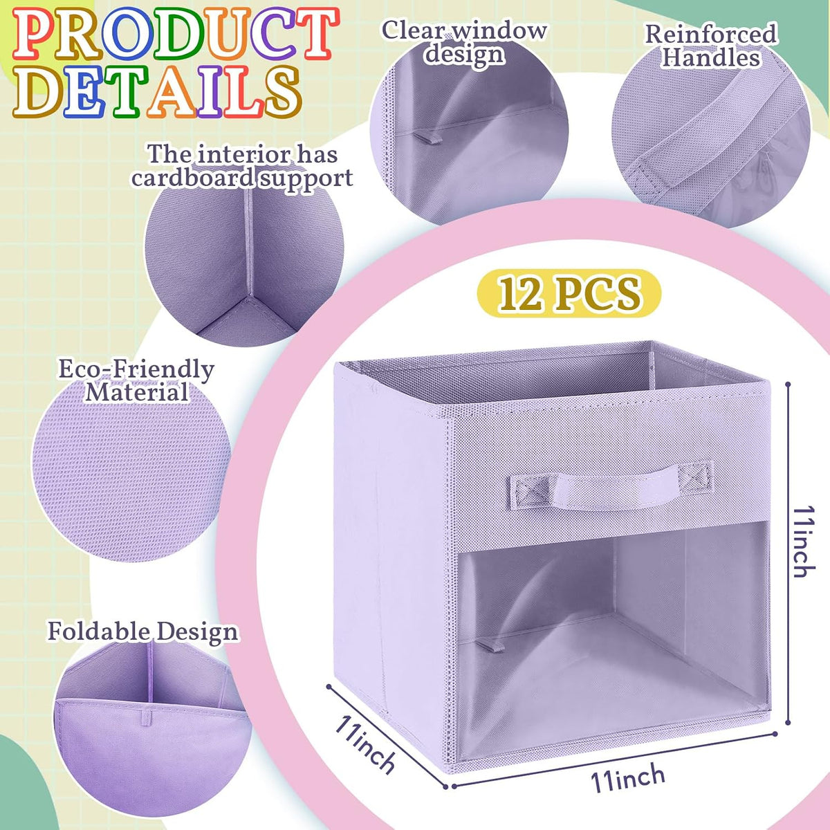 Marsui 12 Pcs Clear Cube Storage Bins Pink Collapsible Kids Storage Bins Fabric Classroom Organizer with Window for Kid Playroom Room Daycare Nursery(Pastel)