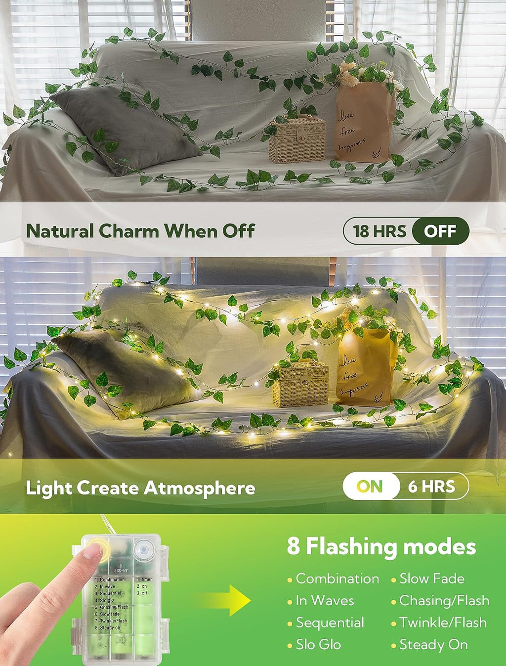 woohaha Pothos Leaf Vine with Fairy Lights Battery Operated