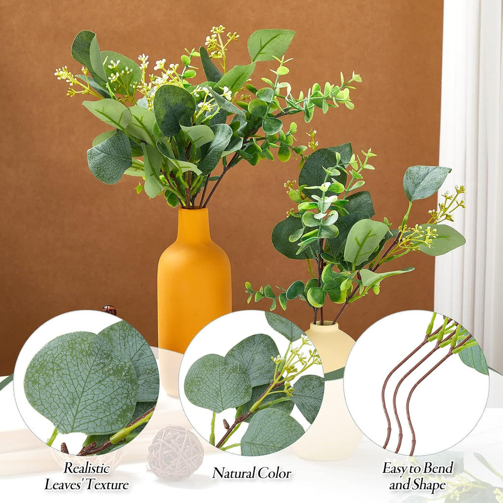 Yunsailing 100 Pcs Faux Eucalyptus Stems White Seed Green Artificial Leaves