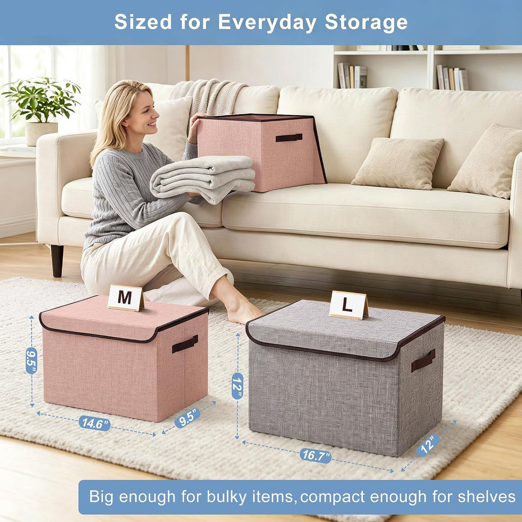 Bagnizer Linen Fabric Foldable Storage Cube Bin Organizer Basket with Flip-Top Lid & Handles, Large Clothes Blanket Box for Home, Office, Closet, Gray & Pink, 4 Pack 14.6 x 9.5 x 9.5”