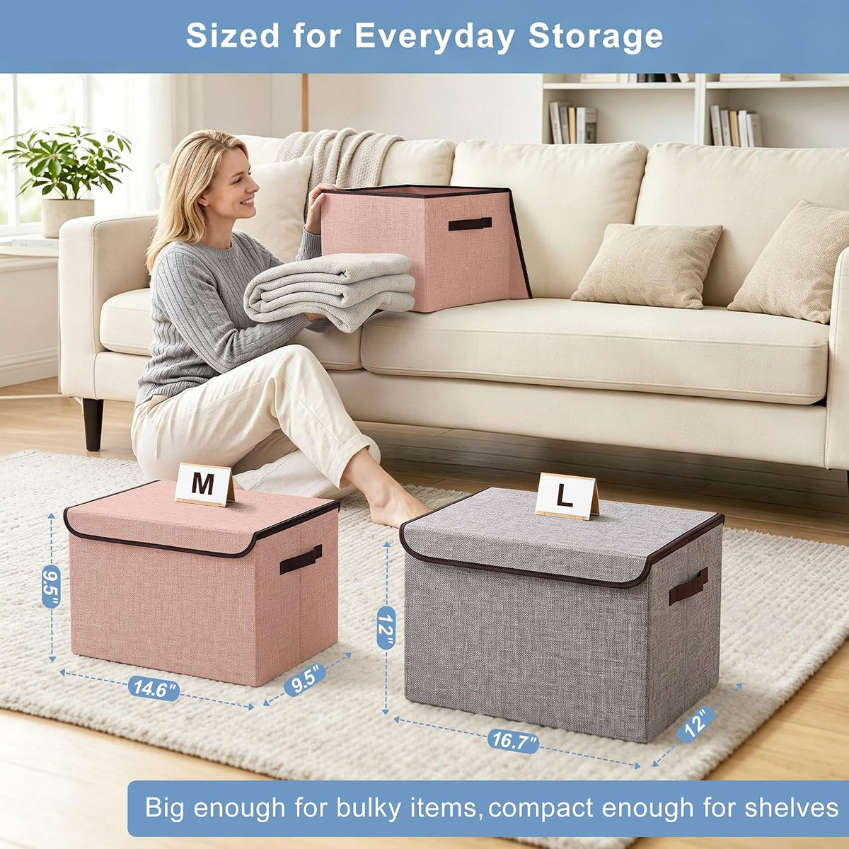 Bagnizer Linen Fabric Foldable Storage Cube Bin Organizer Basket with Flip-Top Lid & Handles, Large Clothes Blanket Box for Home, Office, Closet, Gray & Pink, 4 Pack 14.6 x 9.5 x 9.5”