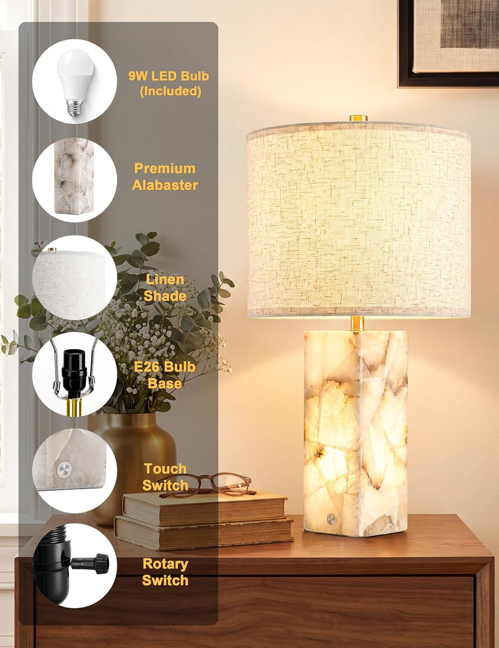 VOLISUN 23" Alabaster Table Lamp Set of 2, Modern Marble Lamp with Linen Shade, Touch Control & 3-Level Dimming, Night Light Bedside Lamps for Bedroom Living Room Office