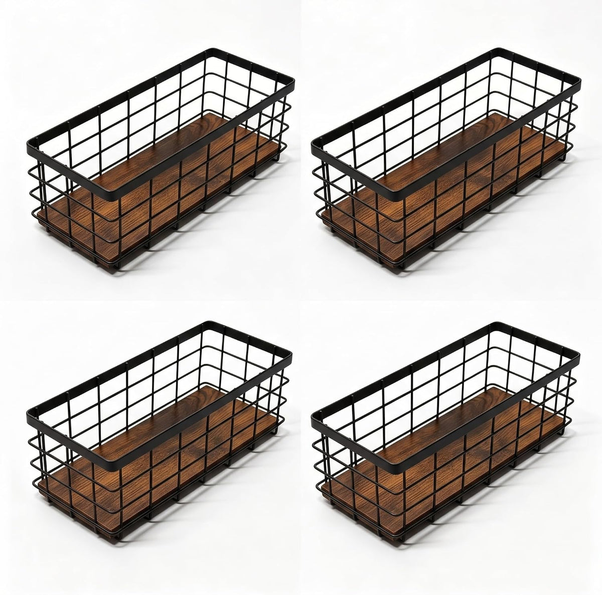 Small Black Metal Wire Storage Basket with Wood Base (Black+Brown, 4 Pack)