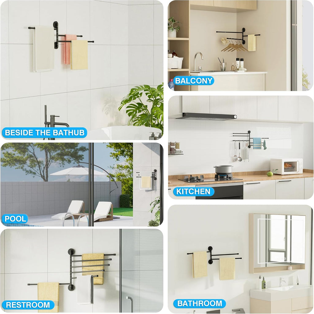 Alise Swivel Towel Rack 13.9", 6 Arm Swing Out Towel Bar, Matte Black