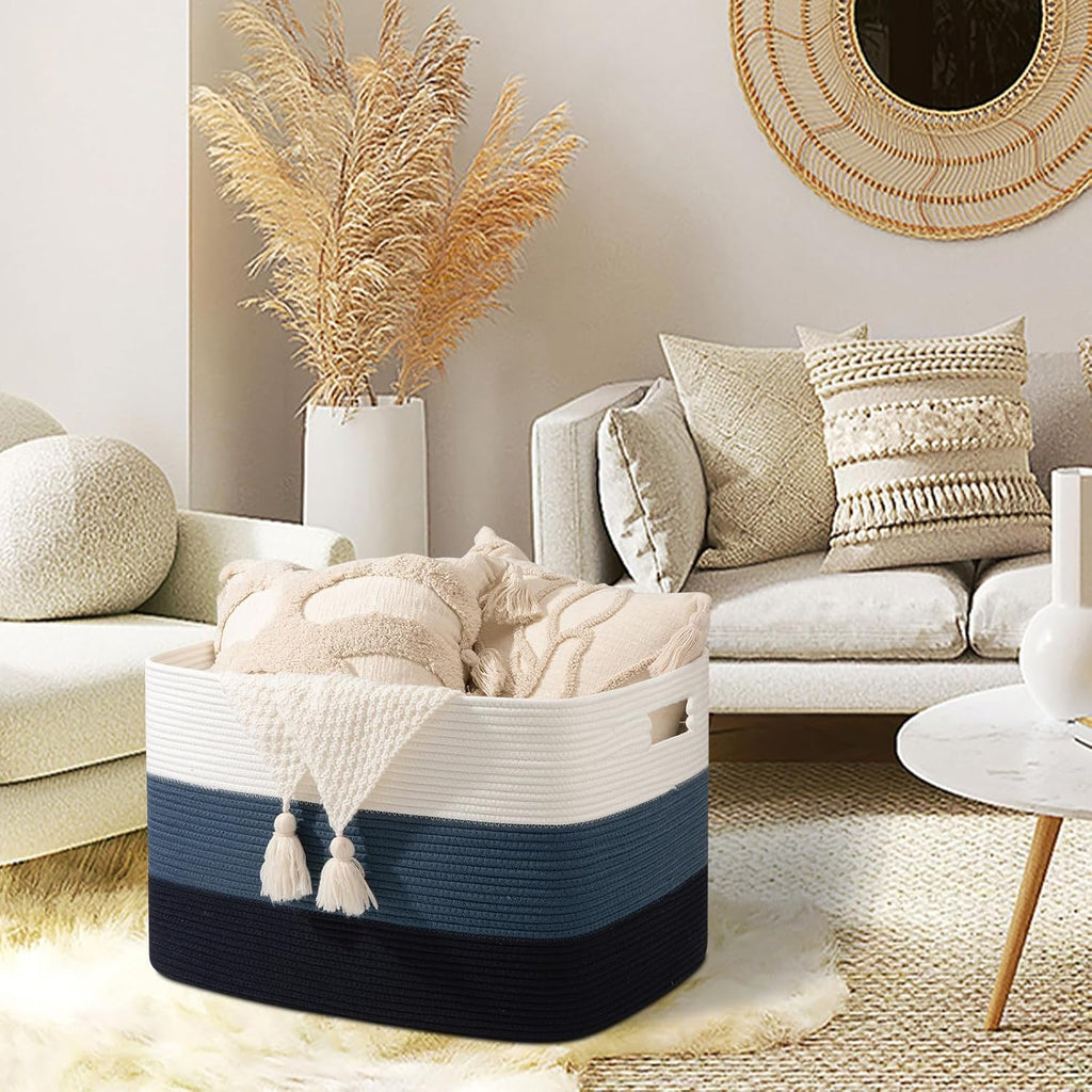 OIAHOMY 118L Extra Large Blanket Basket Cotton Rope Storage Basket Blue