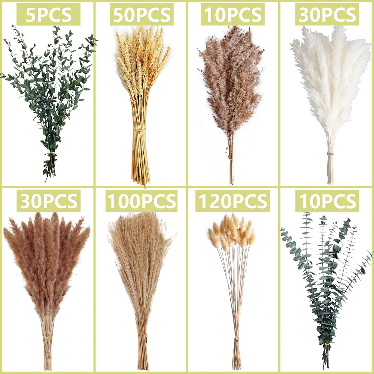 355PCS Dried Pampas Grass Bouquet Set – Dried Eucalyptus, Brown Pampas Grass & White Pampas Grass for Boho Baby Shower Decorations, Boho Wedding Decor, Pampas Grass Wall Decor, Home Decorations Modern