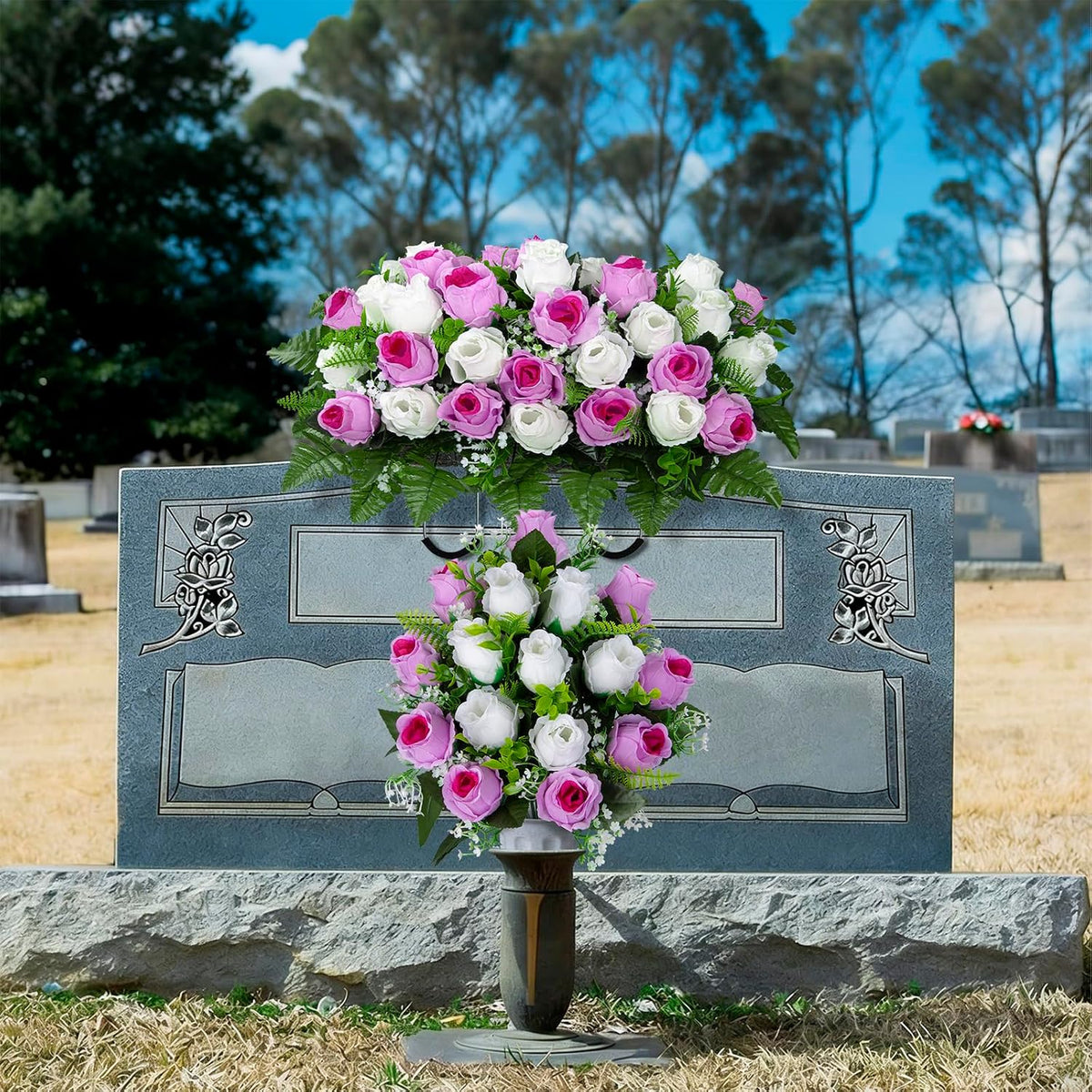 Artificial Cemetery Flowers Saddle Grave Memorial Rose Flowers with Vase for Cemetery Headstones Gravesites Decoration (White&Pink, 1 Saddle & 2Bouquets with Vase)