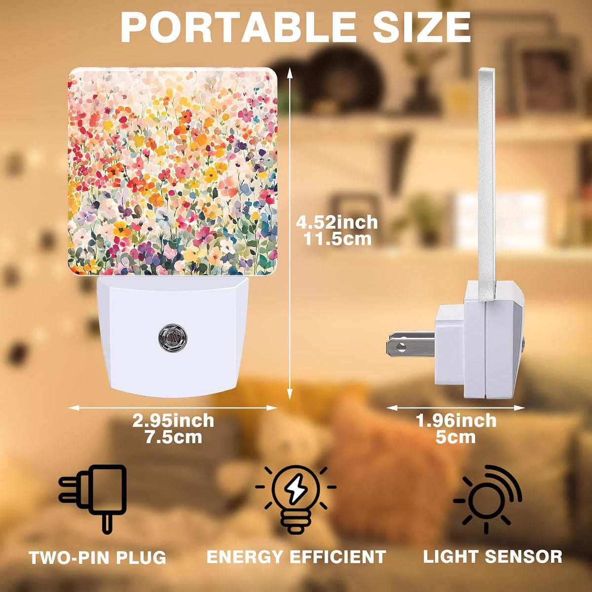 Colorful Flowers Night Light, Watercolor Floral Plug-in Nightlight with Dusk to Dawn Auto Sensor for Home Bedroom Hallway Kitchen 0.5W Sleep Friendly Led Lamp for Women Men