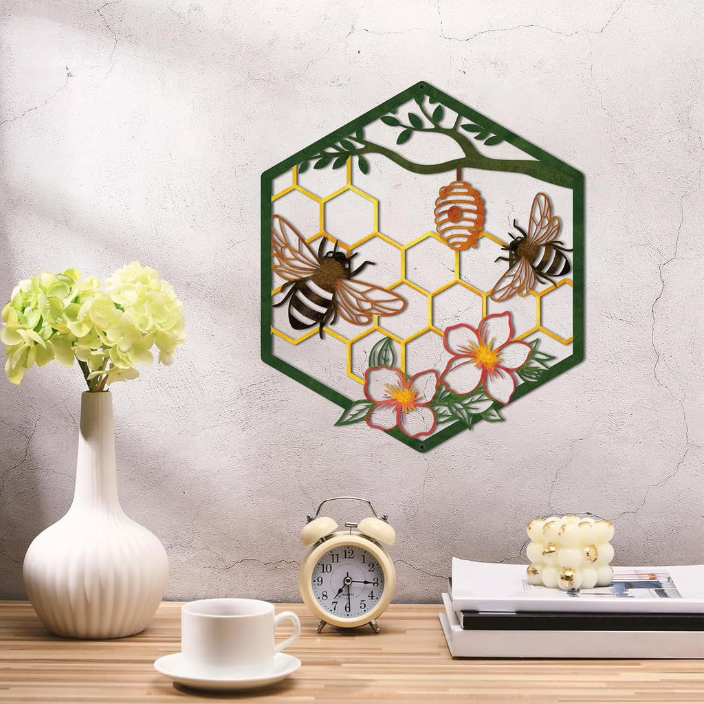 ruelen Metal Bee Wall Art-Farmhouse Honey Bee Hives with Flowers Wall Decor