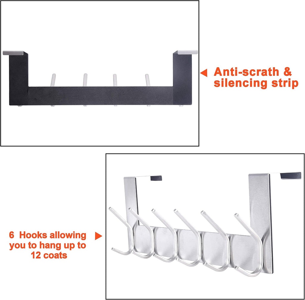 SKOLOO Over The Door Hook - for Doors up to 1-3/4'' Thickness, Silver, No Assembly Required, Stainless Steel, Door Coat Rack for Entryway & Bathroom Hanging Coats, Backpack, Robes, Towels, Pack of 2