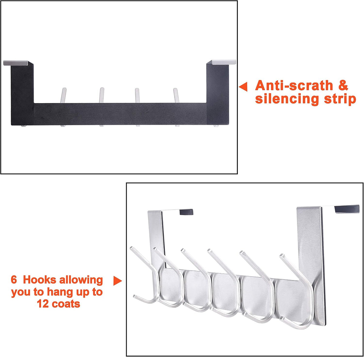 SKOLOO Over The Door Hook - for Doors up to 1-3/4'' Thickness, Silver, No Assembly Required, Stainless Steel, Door Coat Rack for Entryway & Bathroom Hanging Coats, Backpack, Robes, Towels, Pack of 2