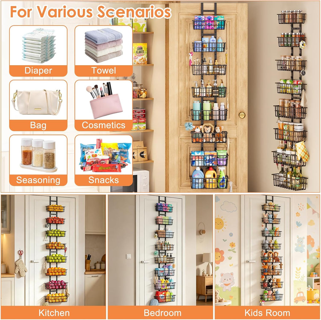 Hongtamoya 8 Tier Over The Door Organizer, Adjustable Hanging Door Organizer with 8 Wire Baskets 6 Hooks, Behind The Door Storage for Pantry Closet Bedroom Bathroom Cabinet Kitchen Laundry Room, Black