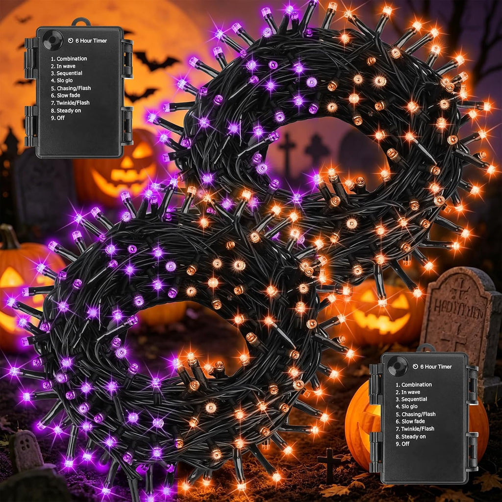 FairyGlim 2PACK Purple&Orange Halloween Lights, 33FT 100 LED Outdoor String Light with Timer & 8 Modes, 3AA Battery Operated Waterproof String Light for Outdoor and Indoor Halloween Decor