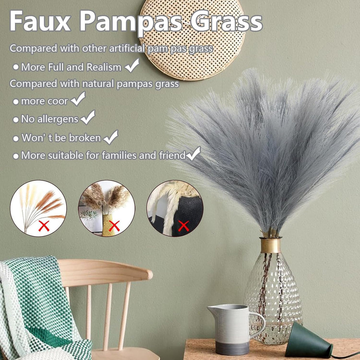 MAKHOT Pampas Grass Tall, 30” Bundle of 5 Detachable Fake Artificial Dried Grey Floral Grass Home Living Room Decor, Faux Gray Pampas Grass Decor Fluffy Filler for Floor Vases(Purple/Gray)