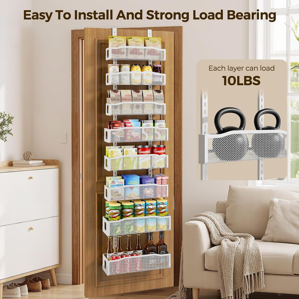 Delamu 8 Tier Over the Door Pantry Organizer, 2in1 Hanging or Wall Mount Spice Rack Seasoning, Adjustable Heavy-Duty Pantry Door Organizer and Storage for Kitchen Cabinet and Bathroom, 15.3" White