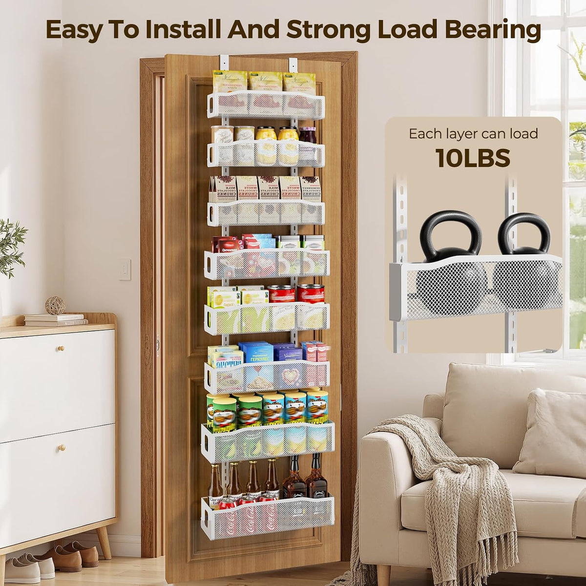 Delamu 8 Tier Over the Door Pantry Organizer, 2in1 Hanging or Wall Mount Spice Rack Seasoning, Adjustable Heavy-Duty Pantry Door Organizer and Storage for Kitchen Cabinet and Bathroom, 15.3" White
