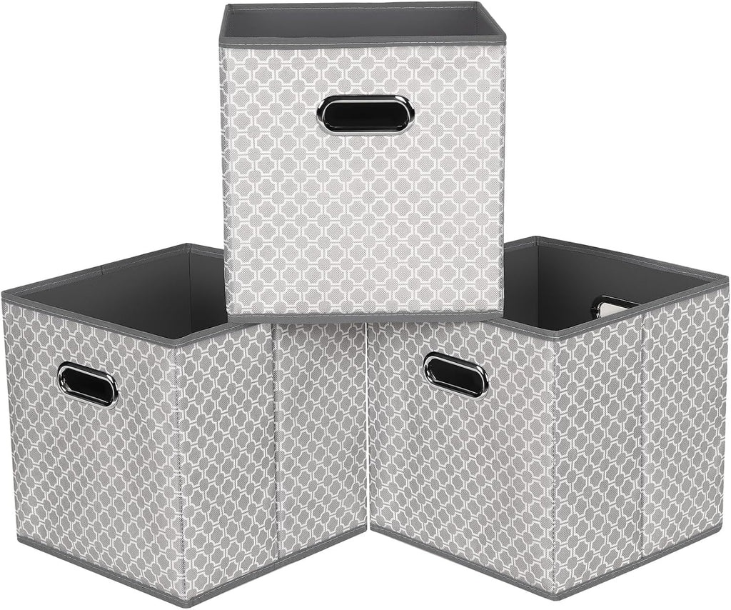Black Foldable Storage Cubes Bins, Fabric Storage Box Cubes Organizer Baskets with Dual Handles for Home Organizer,Set of 3,(Grey Light)