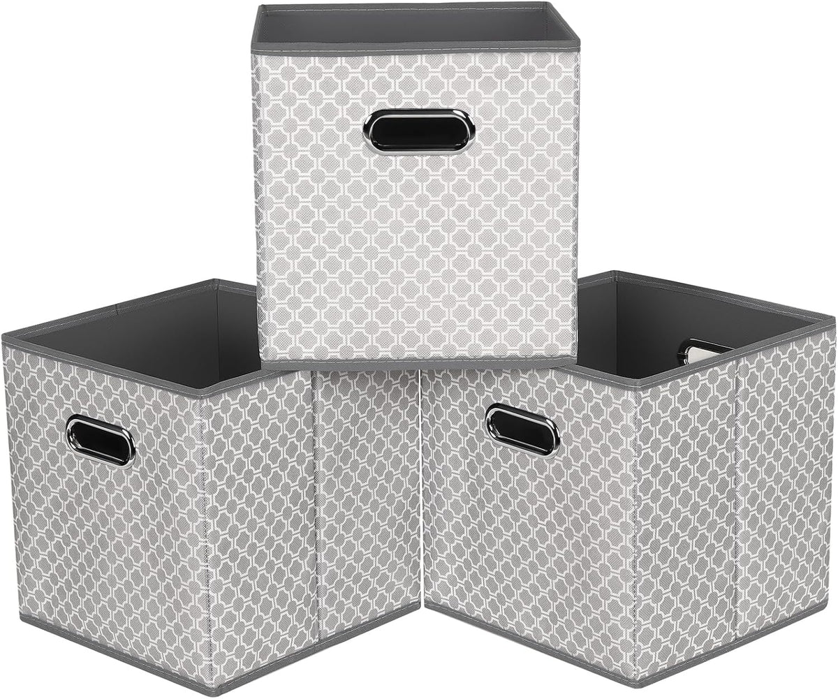 Black Foldable Storage Cubes Bins, Fabric Storage Box Cubes Organizer Baskets with Dual Handles for Home Organizer,Set of 3,(Grey Light)