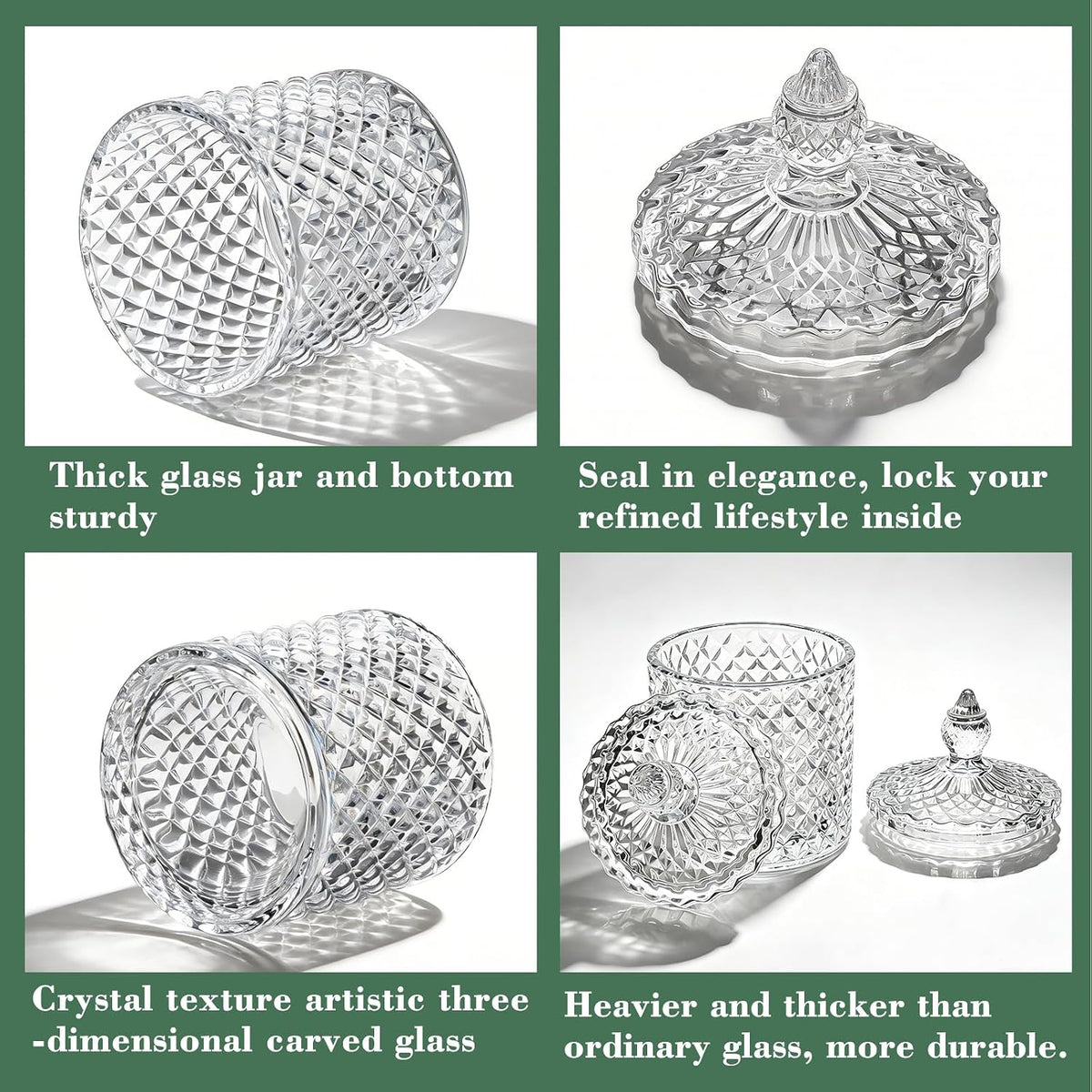 2 Pack Qtip Holder, Crystal Glass Apothecary Jars with Lids, Diamond Cut
