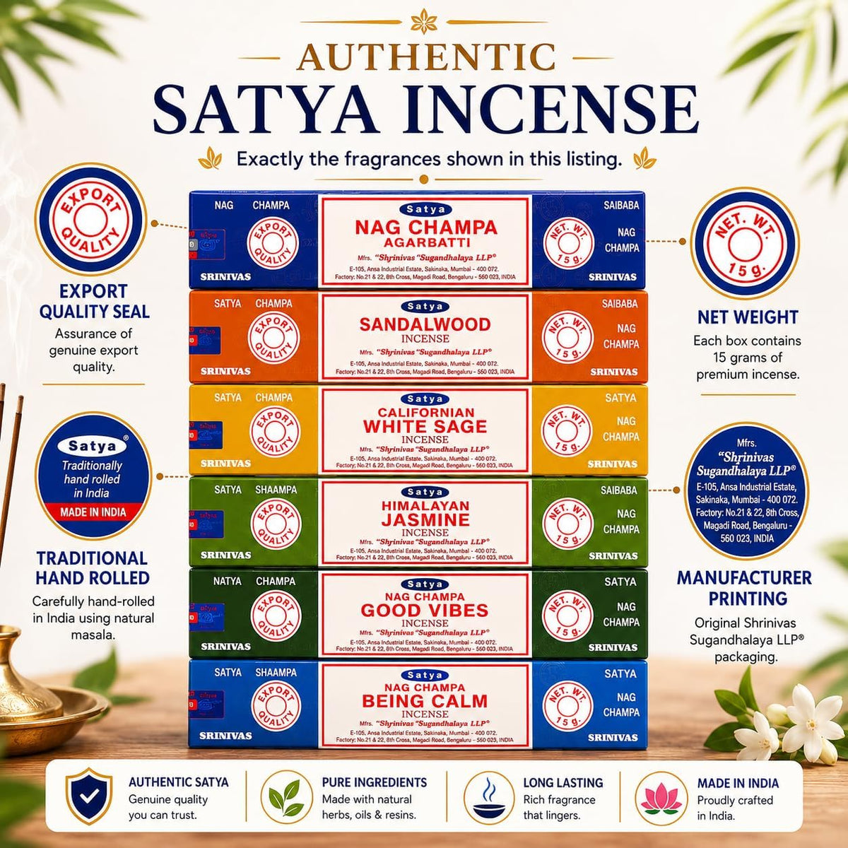 Satya Nag Champa Incense Sticks Variety Pack - 6 Assorted Boxes