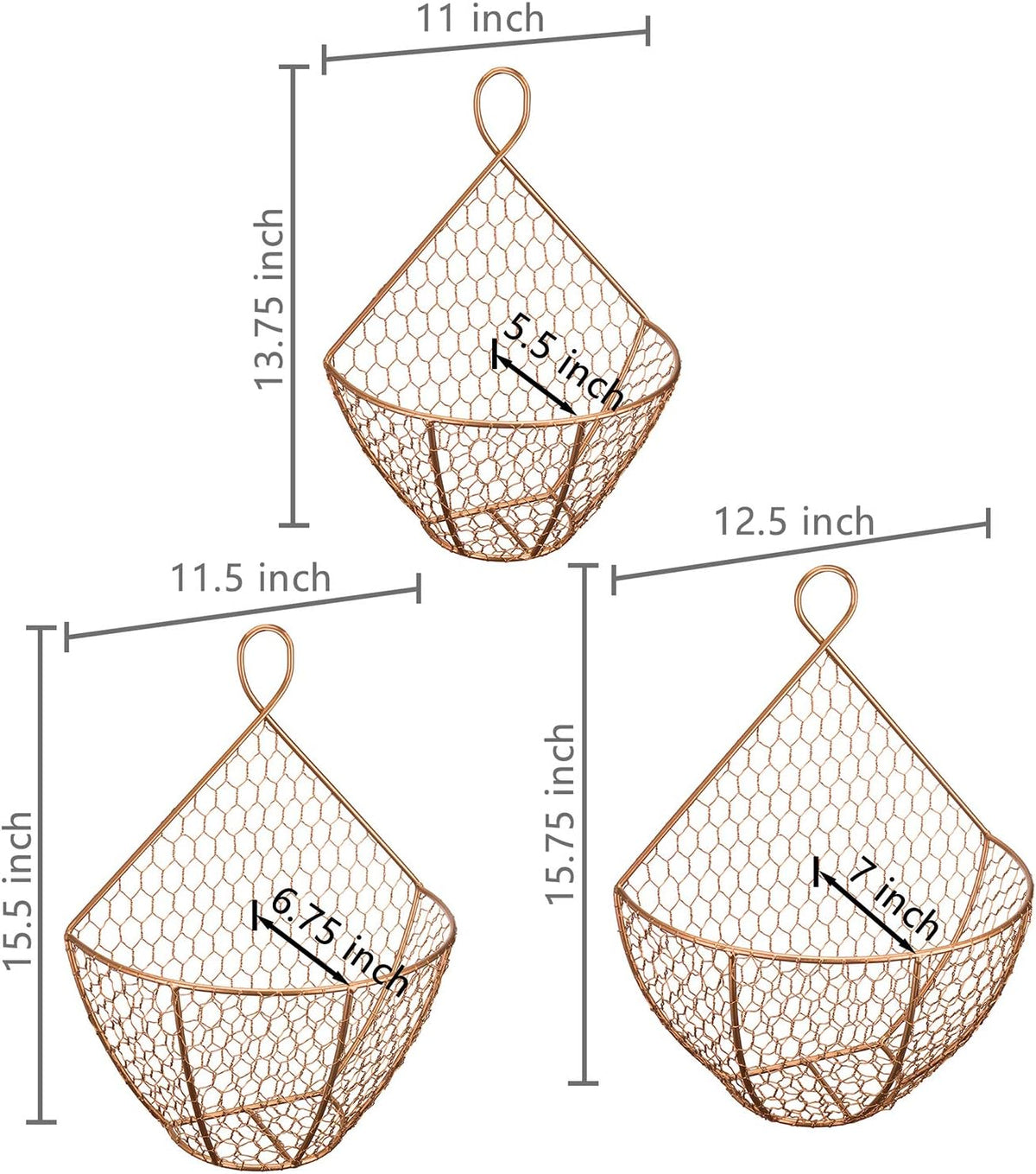 MyGift Set of 3, Farmhouse Copper Metal Wire Mesh Wall Hanging Baskets, Wall-Mounted Storage Basket, Decorative Kitchen Fruit Wall Basket Produce Holder