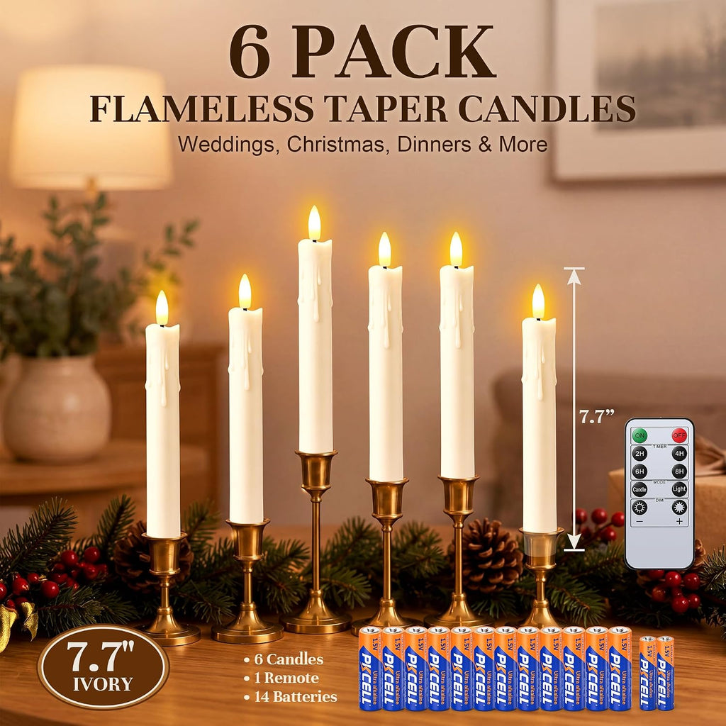 Enhon 6 Pack Flameless Taper Candles with Remote & Batteries, 7.7" Ivory LED Candle Sticks, 3D Wick & Wax Drip Design, 624+ Hour Battery Operated Candles for Home, Wedding & Christmas Decor