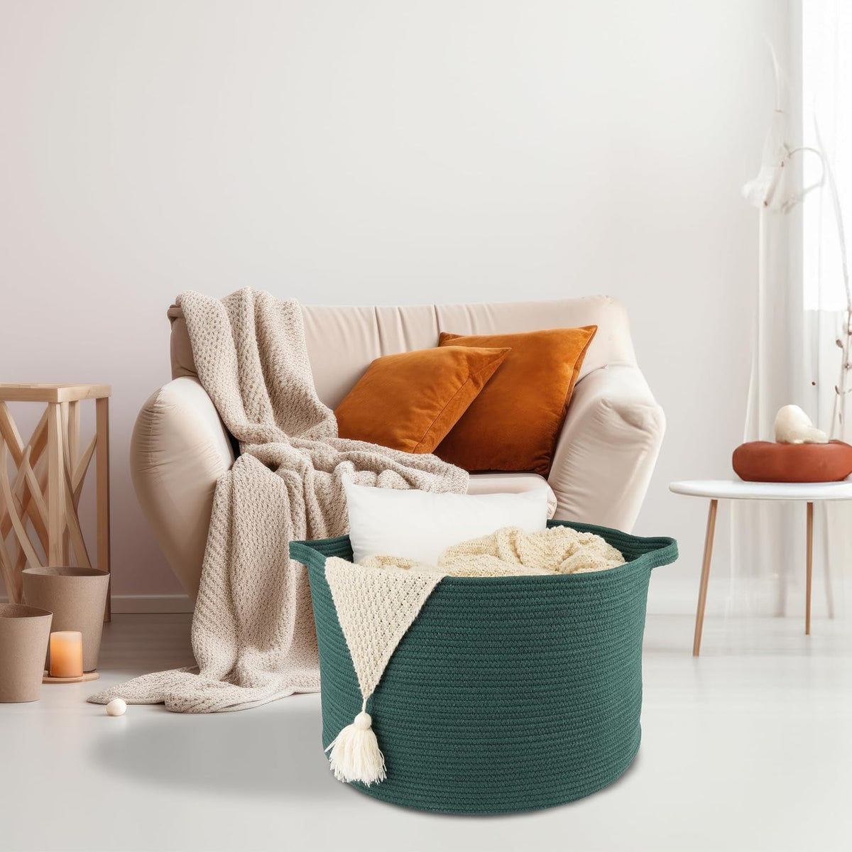 XUANGUO Extra Large Cotton Rope Round Storage Basket 22" x 14" Dark Green