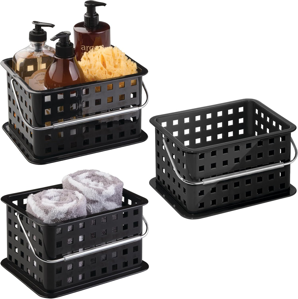 iDesign Stackable Shower Basket with Handle, Black, Set of 3