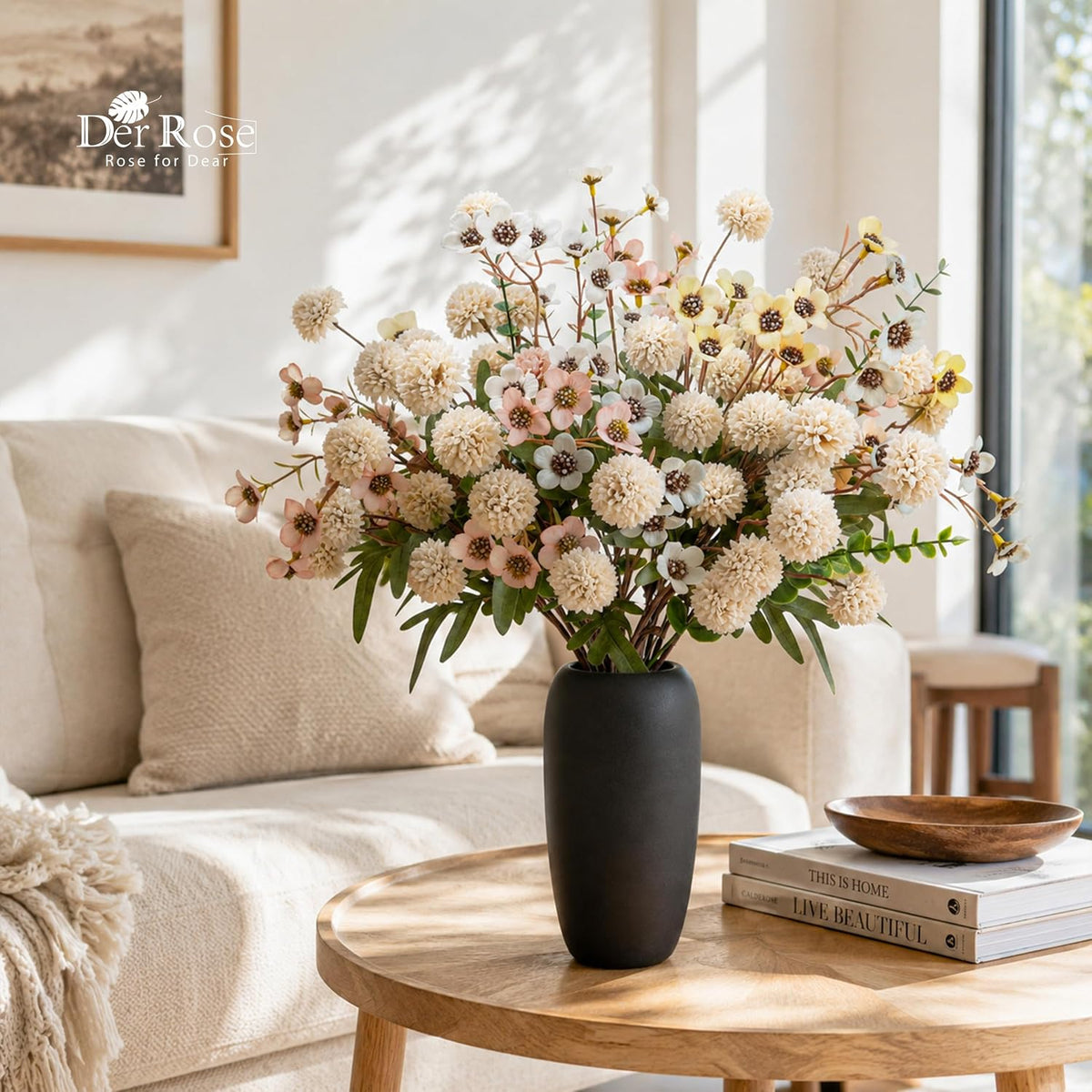 Der Rose Fake Flowers in Vase 20Pcs Champagne Mums for Spring Home Decor