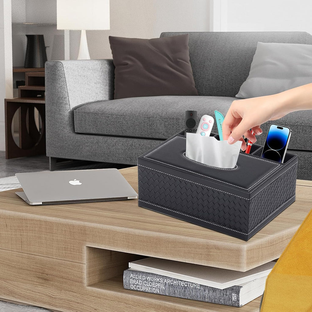 Tissue Box Cover Rectangle Black Tissue Box Holder PU Leather Facial Tissue Organizer,Multifunctional Remote Control Stationery Storage Box,Home Office Supplies Car Napkin Caddy