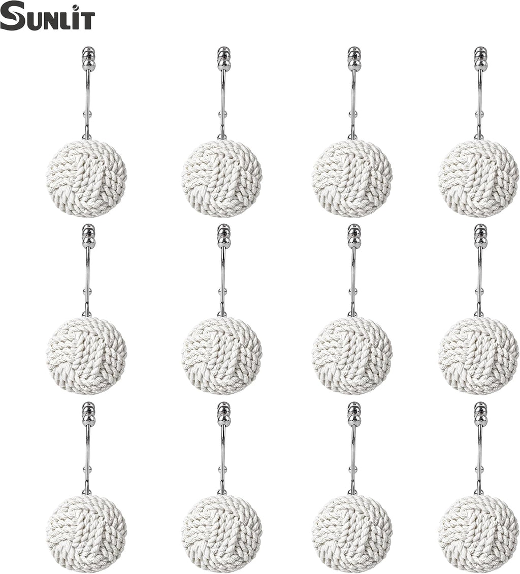 Sunlit Boho Knots Double Shower Curtain Hooks, Home Decorative White Shower Curtain Rings for Bathroom, Seaside Nautical Shower Curtain Hangers Bathroom Accessories, Set of 12