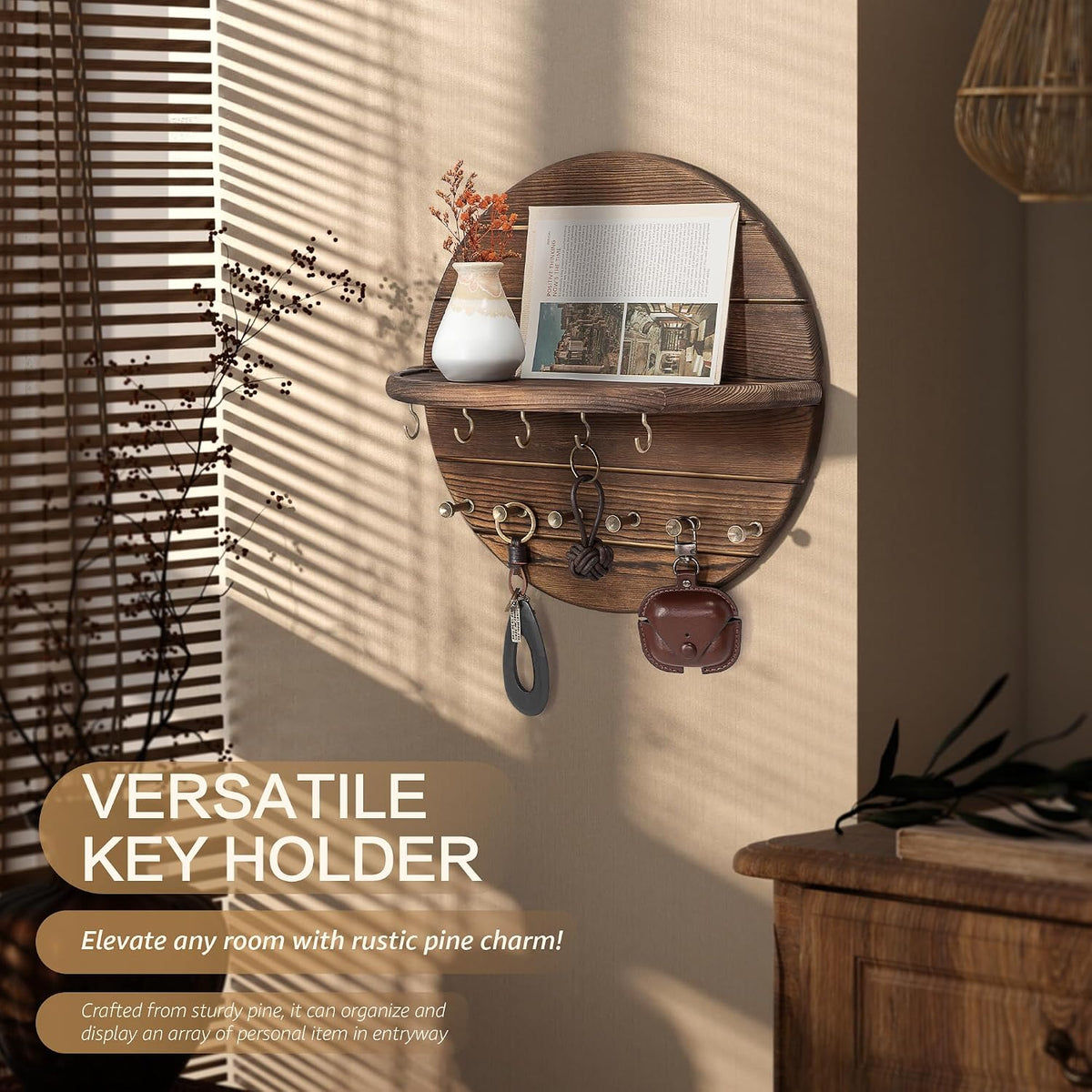Rebee Vision Pine Wood Round Key Holder Wall Mount for Home Decor, Brown