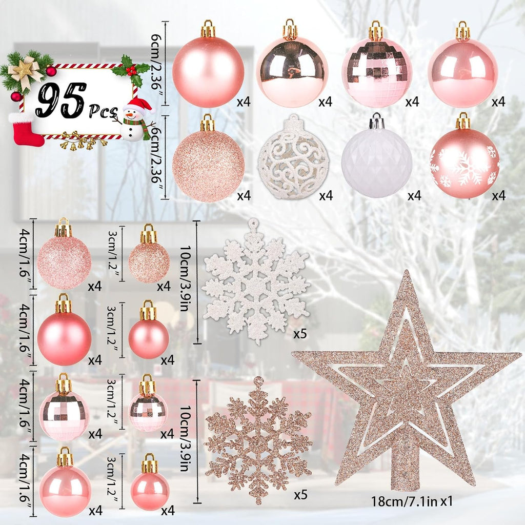 95Pcs Christmas Ball Ornaments Set,Neutral Christmas Tree Decoration Gift, Seasonal Decorative Hanging Ornament Set with Hand-held Gift Package for Xmas Tree (Rose Gold)