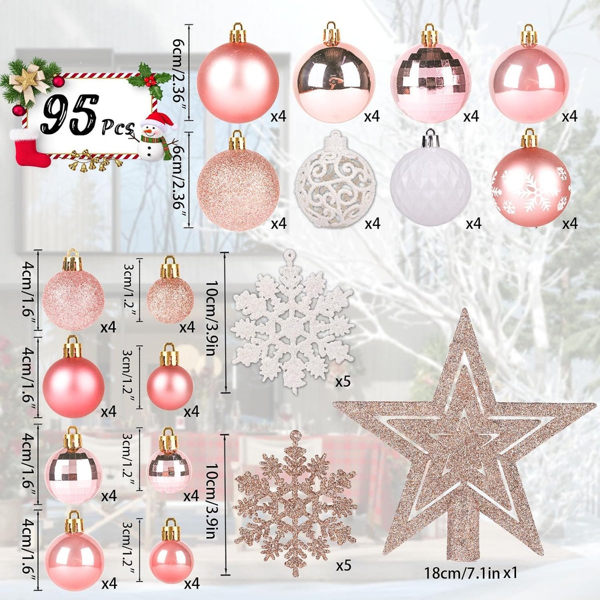 95Pcs Christmas Ball Ornaments Set,Neutral Christmas Tree Decoration Gift, Seasonal Decorative Hanging Ornament Set with Hand-held Gift Package for Xmas Tree (Rose Gold)